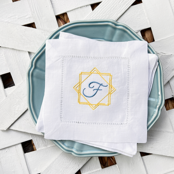 Modern Border Monogrammed Cocktail Napkins, Set of 4 - White Tulip Embroidery