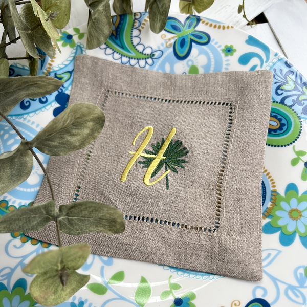 Tropical Garden Leaf Monogrammed Cocktail Napkins, Set of 4 - White Tulip Embroidery