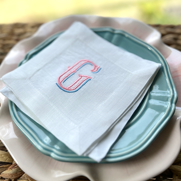 Vintage Monogrammed Cocktail Napkins, Set of 4 - White Tulip Embroidery