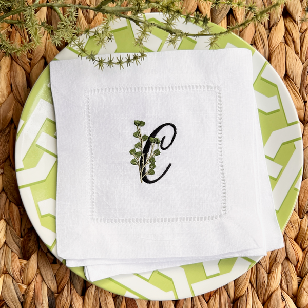 Tropical Garden Leaf Monogrammed Cocktail Napkins, Set of 4 - White Tulip Embroidery