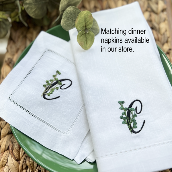 Tropical Garden Leaf Monogrammed Cocktail Napkins, Set of 4 - White Tulip Embroidery