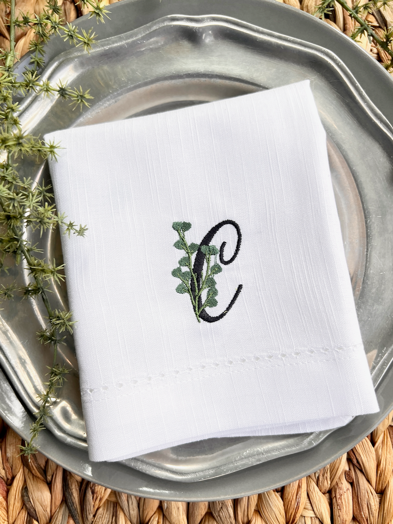 Tropical Garden Leaf Monogrammed Cloth Dinner Napkins - Set of 4 napkins - White Tulip Embroidery