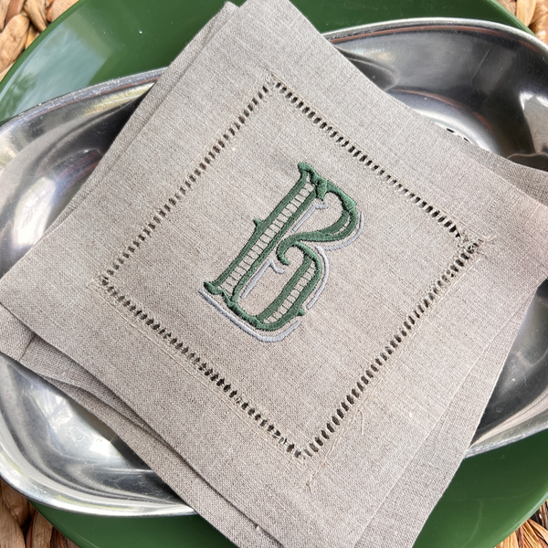 Vintage Monogrammed Cocktail Napkins, Set of 4 - White Tulip Embroidery