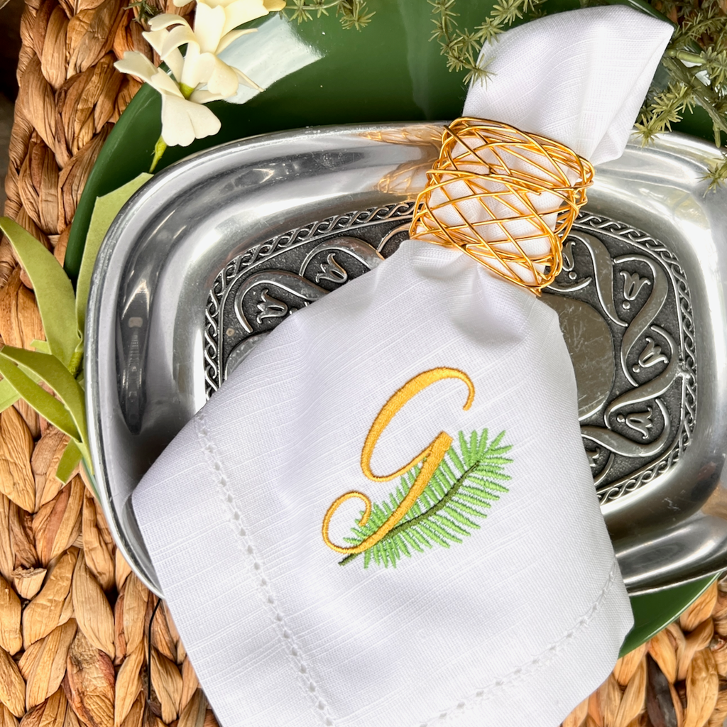 Tropical Garden Leaf Monogrammed Cloth Dinner Napkins - Set of 4 napkins - White Tulip Embroidery