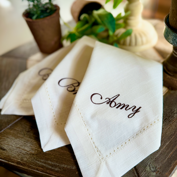 Set of 4 Embroidered Name Napkins, Eleanor Names Cloth napkins - White Tulip Embroidery