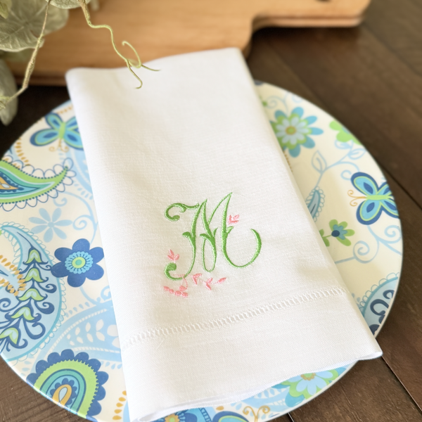 Sprig Monogrammed Embroidered Cloth Napkins - Set of 4 napkins - White Tulip Embroidery