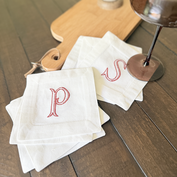 Baroque Monogrammed Cocktail Napkins, Set of 4 - White Tulip Embroidery
