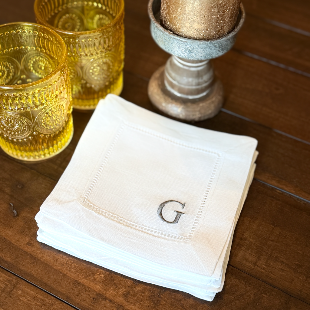 Mini Letter Monogrammed Cocktail Napkins, Set of 4 - White Tulip Embroidery