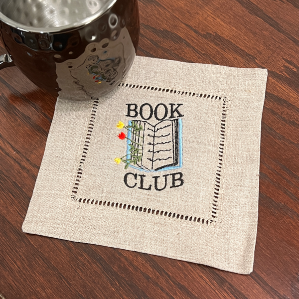 Book Club Cloth Cocktail Napkins, Set of 4, Flowers Growing From Book Club Napkins - White Tulip Embroidery