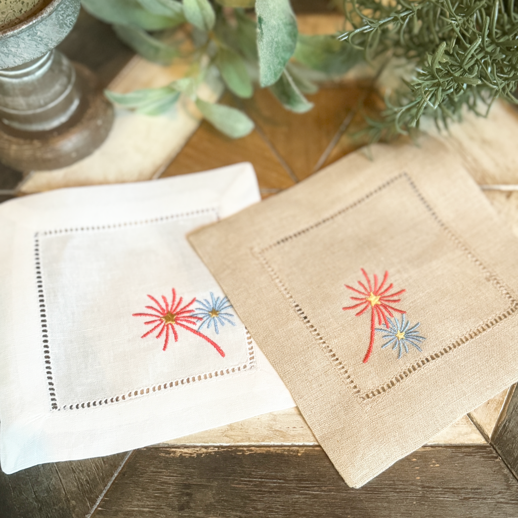 Firework Cocktail Napkins, Set of 4, July 4th Linen Cocktail Napkins - White Tulip Embroidery