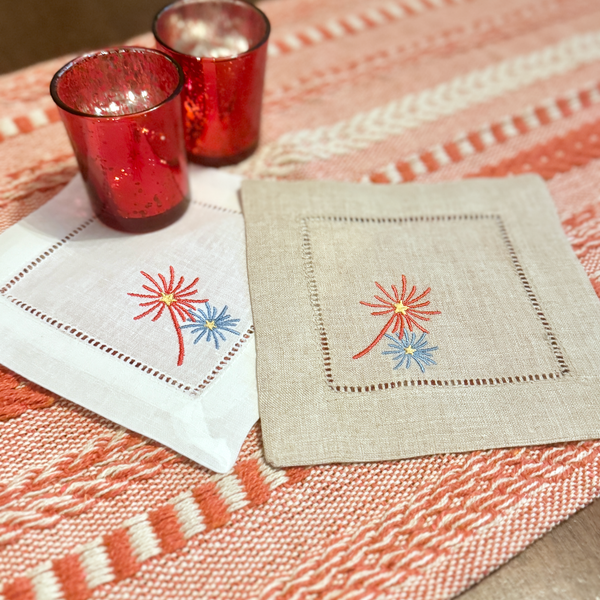 Firework Cocktail Napkins, Set of 4, July 4th Linen Cocktail Napkins - White Tulip Embroidery