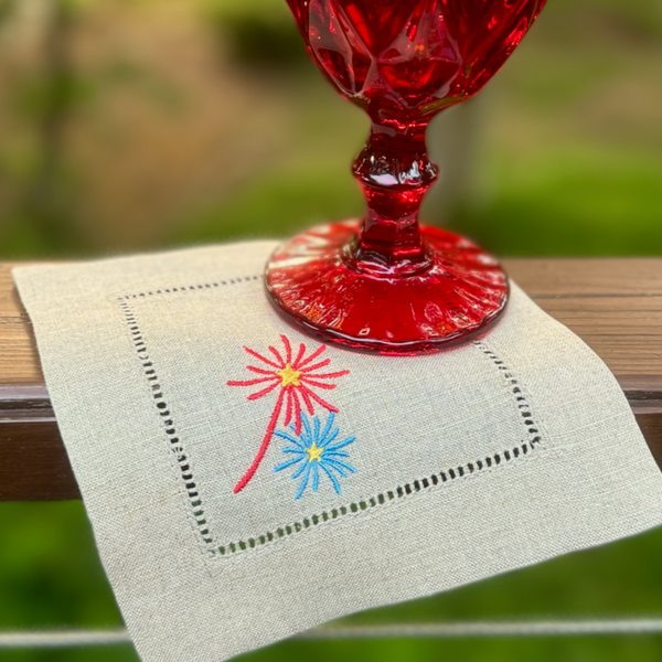 Firework Cocktail Napkins, Set of 4, July 4th Linen Cocktail Napkins - White Tulip Embroidery