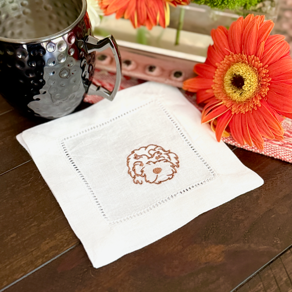 Golden Doodle Cloth Linen Cocktail Napkins, Set of 4 Goldendoodle napkins - White Tulip Embroidery