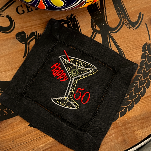 50th Birthday Cocktail Napkins, Set of 4, 50th Cocktail Cloth Napkins, Any year available! - White Tulip Embroidery