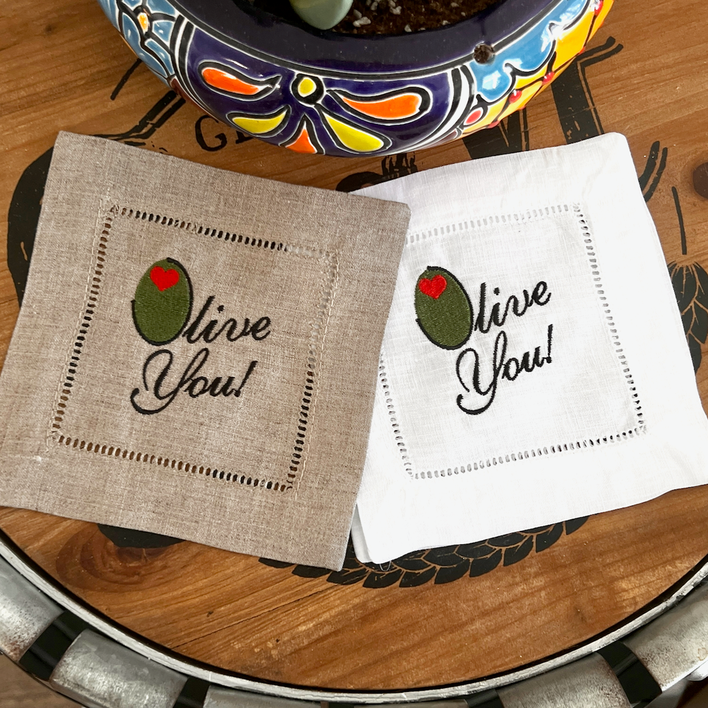 Olive You Cocktail Napkins, Set of 4 Martini Cocktail Napkins - White Tulip Embroidery