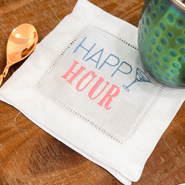 Happy Hour Cocktail Napkins, Martini Cocktail Cloth Napkins, Linen cocktail napkins - White Tulip Embroidery