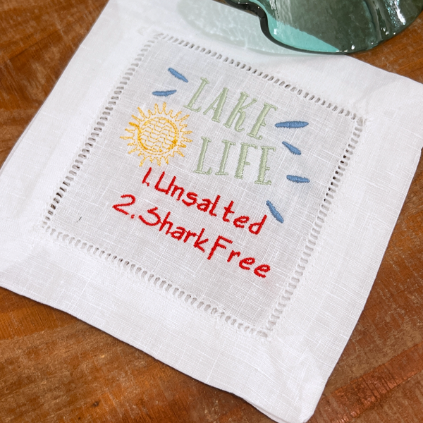Lake Life Cloth Cocktail Napkins, Set of 4, Funny Lake gift - White Tulip Embroidery