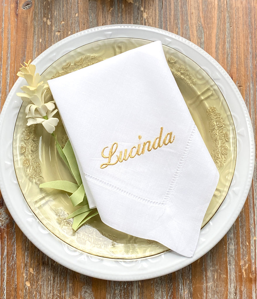 101 Personalized Embroidered Napkins, White Hemstitch Cotton, Ivory Thread, Font #4, Fold 9 - White Tulip Embroidery