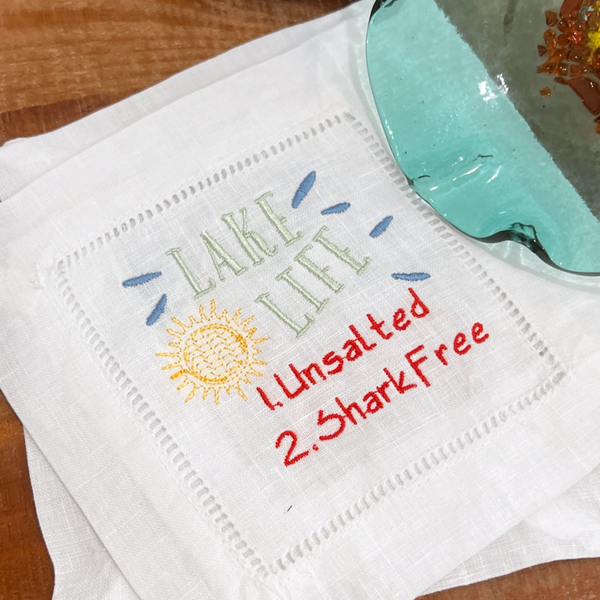 Lake Life Cloth Cocktail Napkins, Set of 4, Funny Lake gift - White Tulip Embroidery