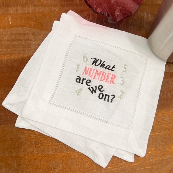 What Number Are We On Bunco Linen Cocktail Napkins, Set of 4 - White Tulip Embroidery