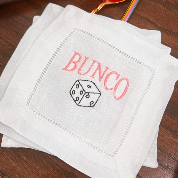Bunco Dice Cloth Cocktail Napkins, Set of 4, Funny Bunko Cocktail Napkins - White Tulip Embroidery