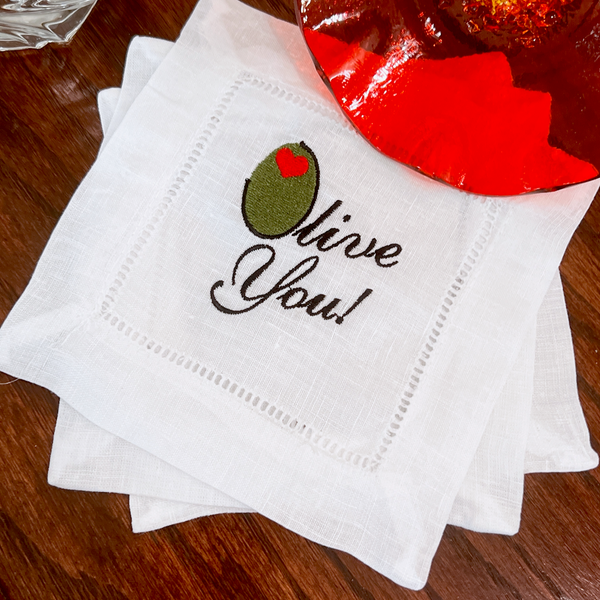 Olive You Cocktail Napkins, Set of 4 Martini Cocktail Napkins - White Tulip Embroidery
