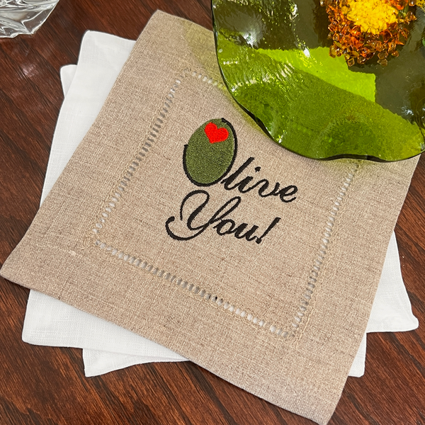 Olive You Cocktail Napkins, Set of 4 Martini Cocktail Napkins - White Tulip Embroidery