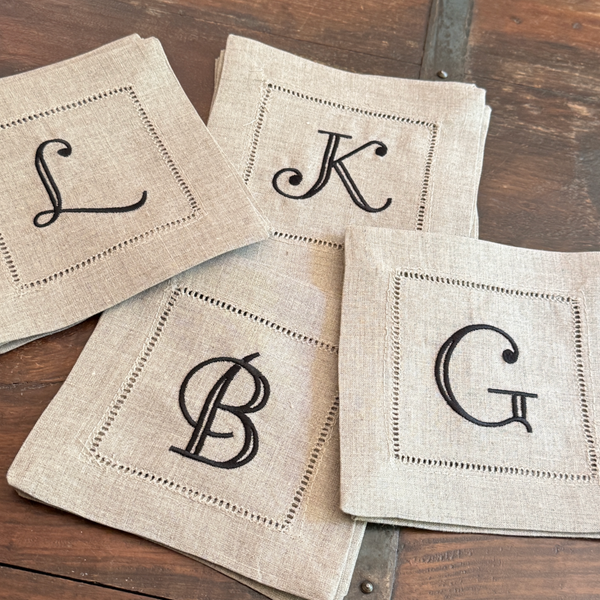 Natural Beige Monogrammed Linen Cocktail Napkins, Set of 4 - White Tulip Embroidery