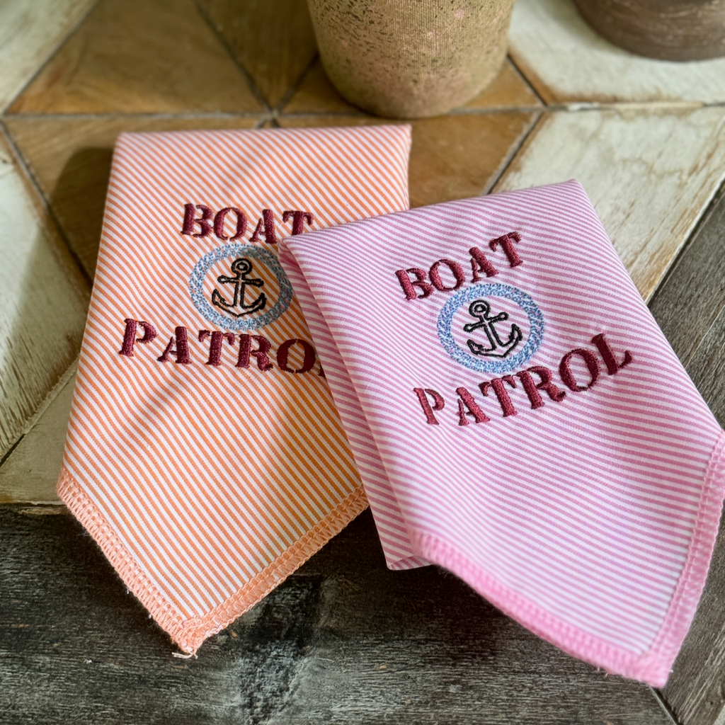 Boat Patrol Dog Bandana, Plaid or Striped Embroidered Dog Handkerchief, Lake Dog Bandana - White Tulip Embroidery