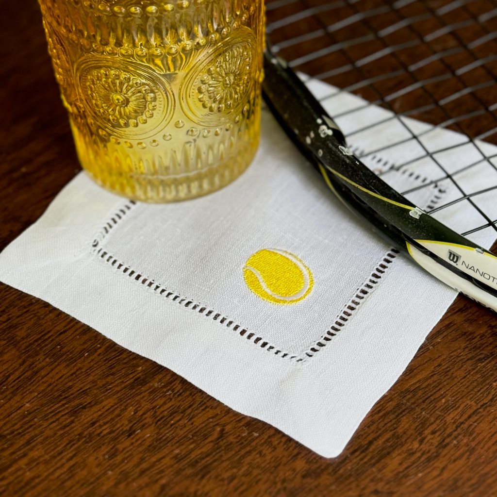 Tennis Cloth Cocktail Napkins, Set of 4,Tennis Linen Napkins - White Tulip Embroidery