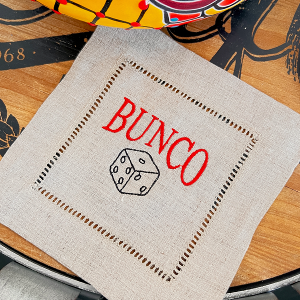 Bunco Dice Cloth Cocktail Napkins, Set of 4, Funny Bunko Cocktail Napkins - White Tulip Embroidery