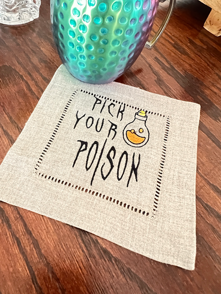 Pick Your Poison Cocktail Napkins, Funny Cocktail Cloth Napkins - White Tulip Embroidery