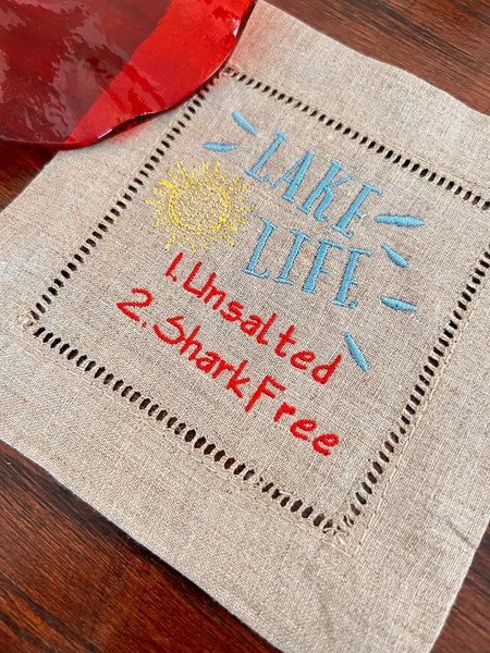 Lake Life Cloth Cocktail Napkins, Set of 4, Funny Lake gift - White Tulip Embroidery
