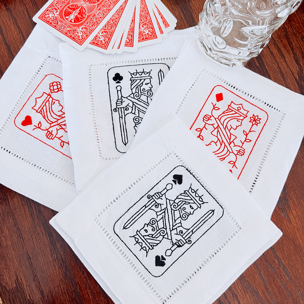 Playing Cards Cocktail Napkins, Poker Cocktail Cloth Napkins - White Tulip Embroidery