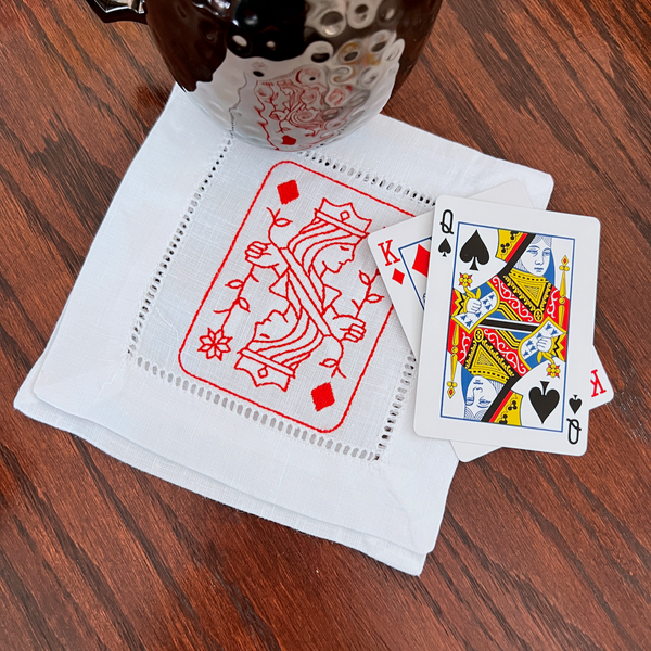 Playing Cards Cocktail Napkins, Poker Cocktail Cloth Napkins - White Tulip Embroidery