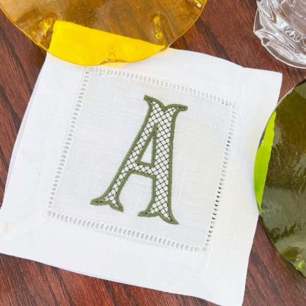 Fishtail Monogrammed Cocktail Napkins, Set of 4 - White Tulip Embroidery