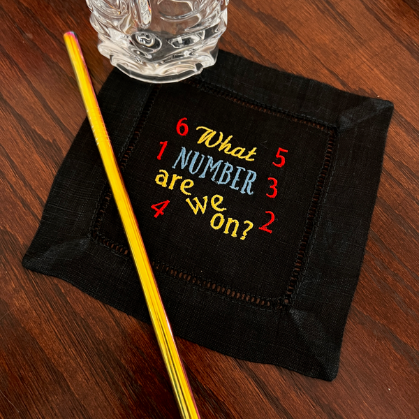 What Number Are We On Bunco Linen Cocktail Napkins, Set of 4 - White Tulip Embroidery