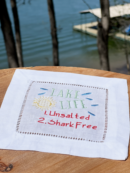 Lake Life Cloth Cocktail Napkins, Set of 4, Funny Lake gift - White Tulip Embroidery