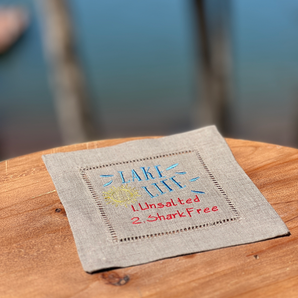 Lake Life Cloth Cocktail Napkins, Set of 4, Funny Lake gift - White Tulip Embroidery