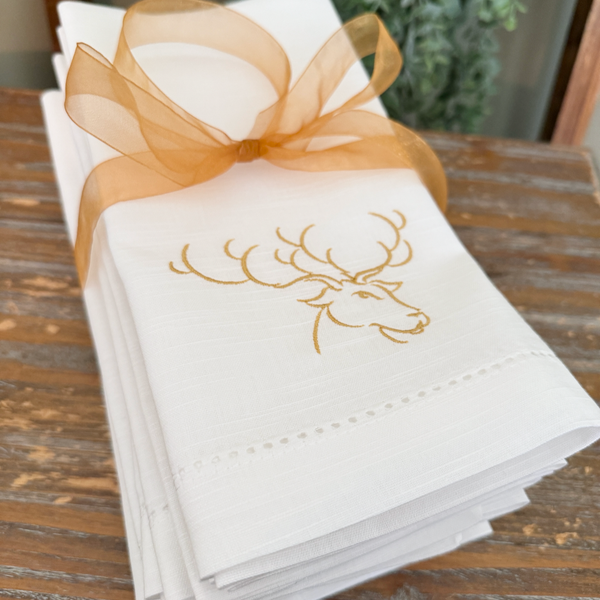 Reindeer Christmas Embroidered Cloth Napkins - Set of 4 napkins - White Tulip Embroidery