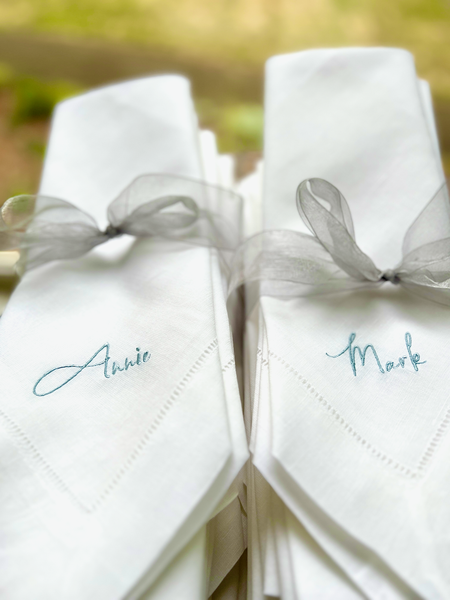 Millie Embroidered Name Napkins, Set of 5 per previous order, Camilla Leo Aris Gabriel Billy - White Tulip Embroidery