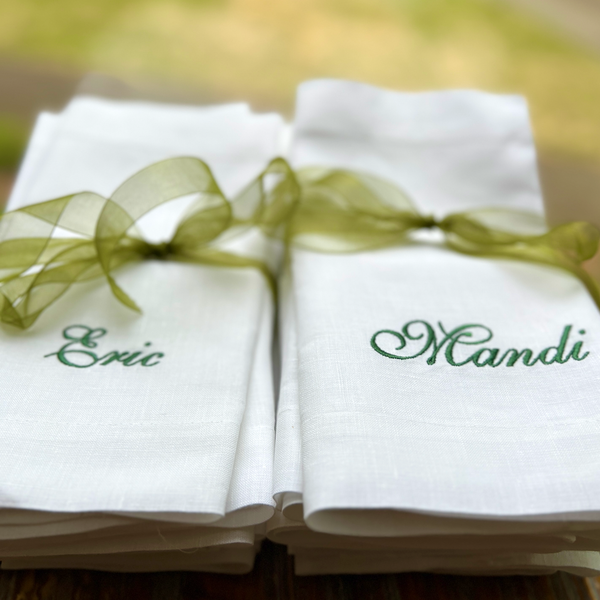 Set of 4 Embroidered Name Napkins, Eleanor Names Cloth napkins - White Tulip Embroidery