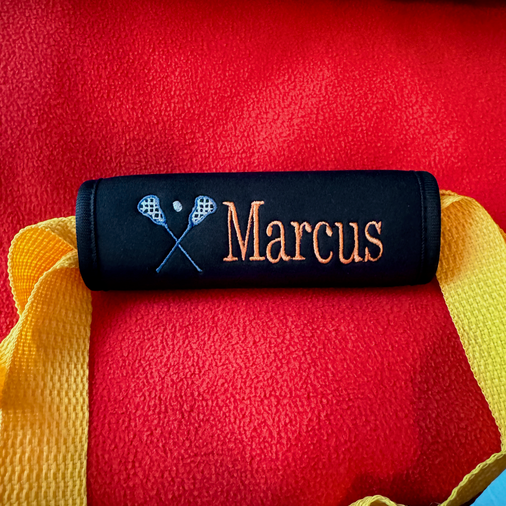 Lacrosse Name Luggage Handle Wrap Personalized and Embroidered, Lacrosse Name Suitcase Tag - White Tulip Embroidery
