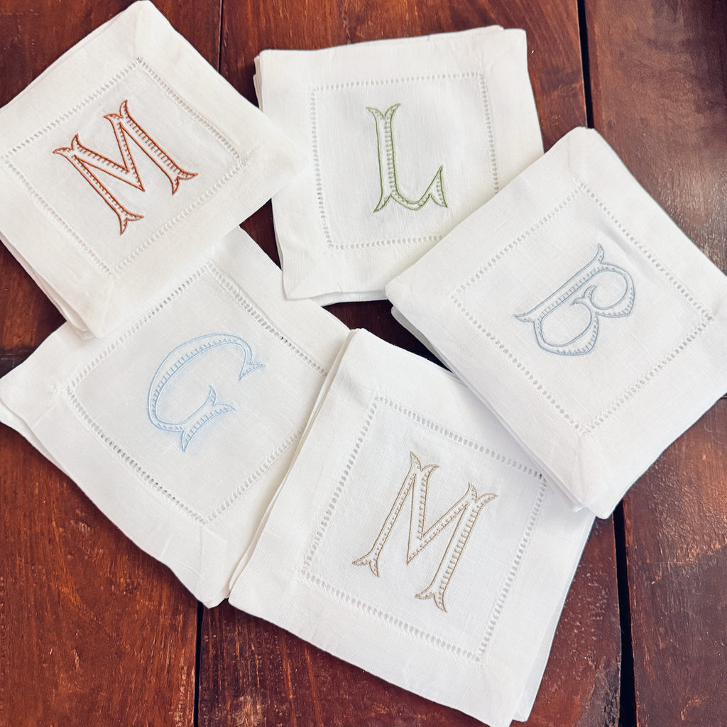 Baroque Monogrammed Cocktail Napkins, Set of 4 - White Tulip Embroidery