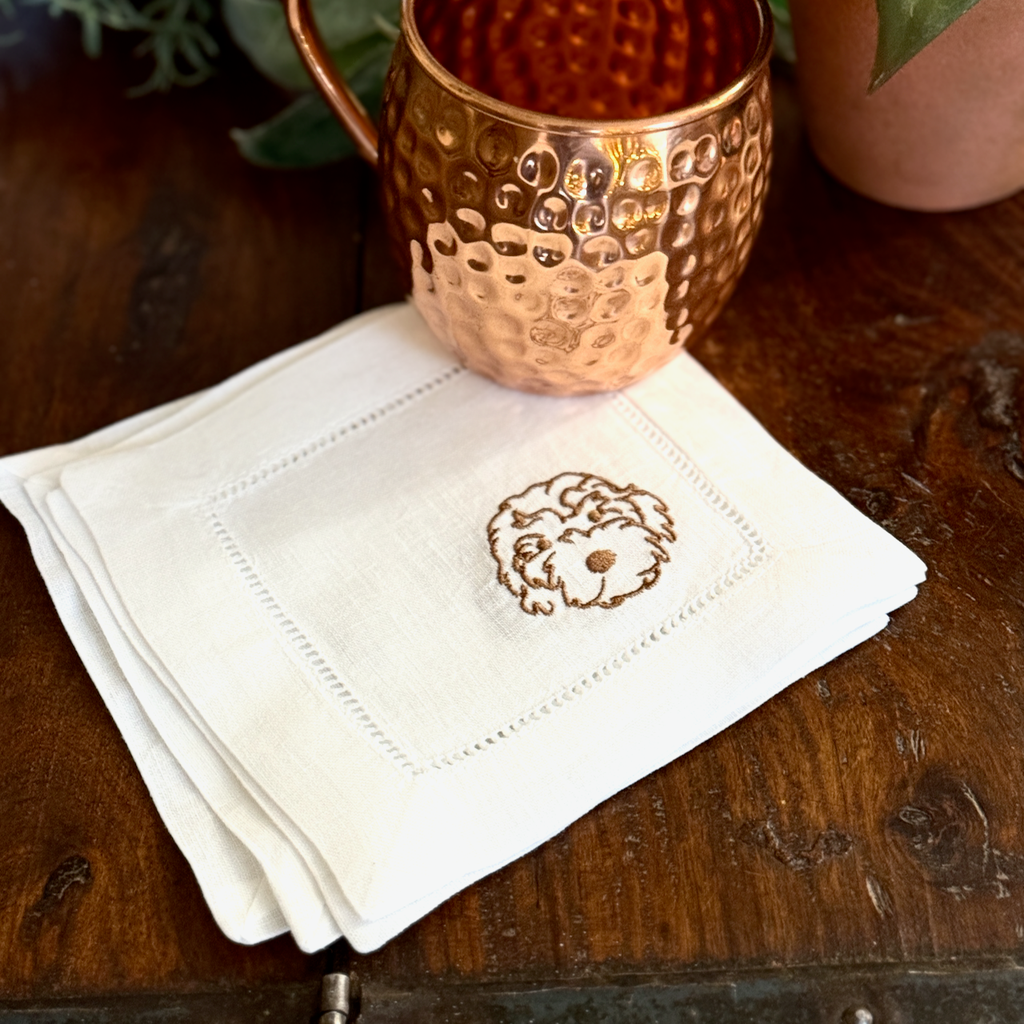 Golden Doodle Cloth Linen Cocktail Napkins, Set of 4 - White Tulip Embroidery