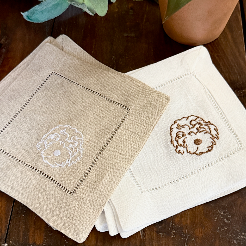 Golden Doodle Cloth Linen Cocktail Napkins, Set of 4 - White Tulip Embroidery