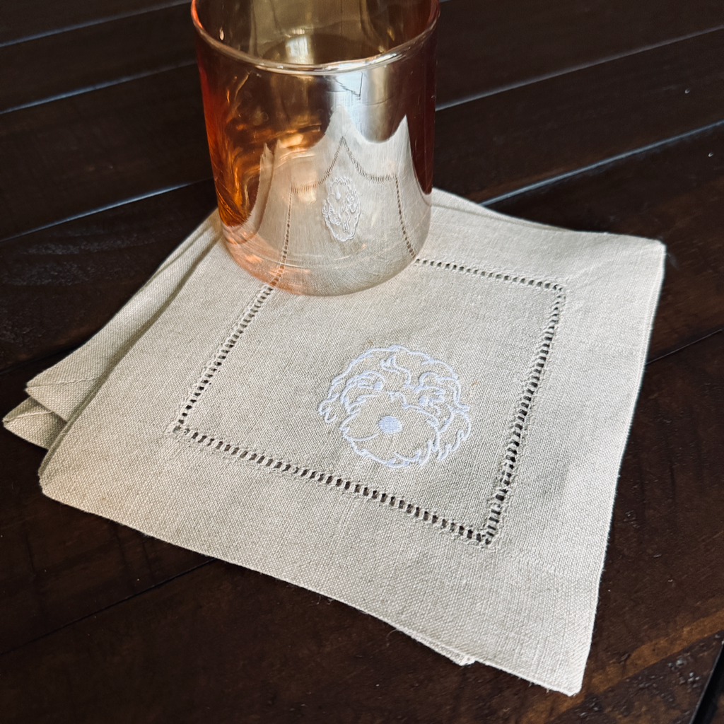 Golden Doodle Cloth Linen Cocktail Napkins, Set of 4 - White Tulip Embroidery