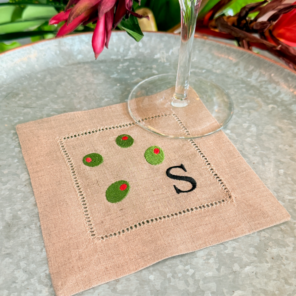 Olive Monogrammed Cocktail Napkins, Set of 4 - White Tulip Embroidery