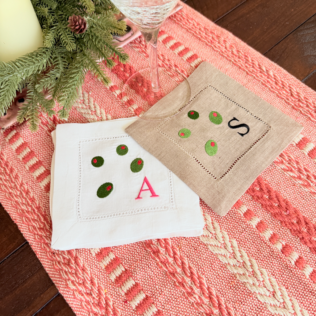 Olive Monogrammed Cocktail Napkins, Set of 4 - White Tulip Embroidery