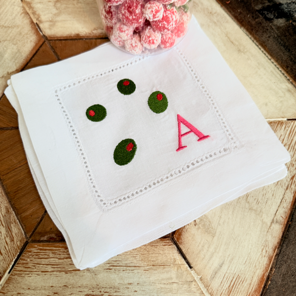 Olive Monogrammed Cocktail Napkins, Set of 4 - White Tulip Embroidery
